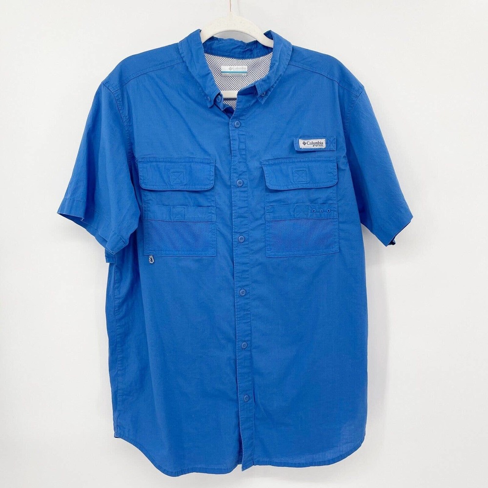 Columbia PFG Short Sleeve Shirt Sz M‎ Vivid Blue Button Down Vented Pockets